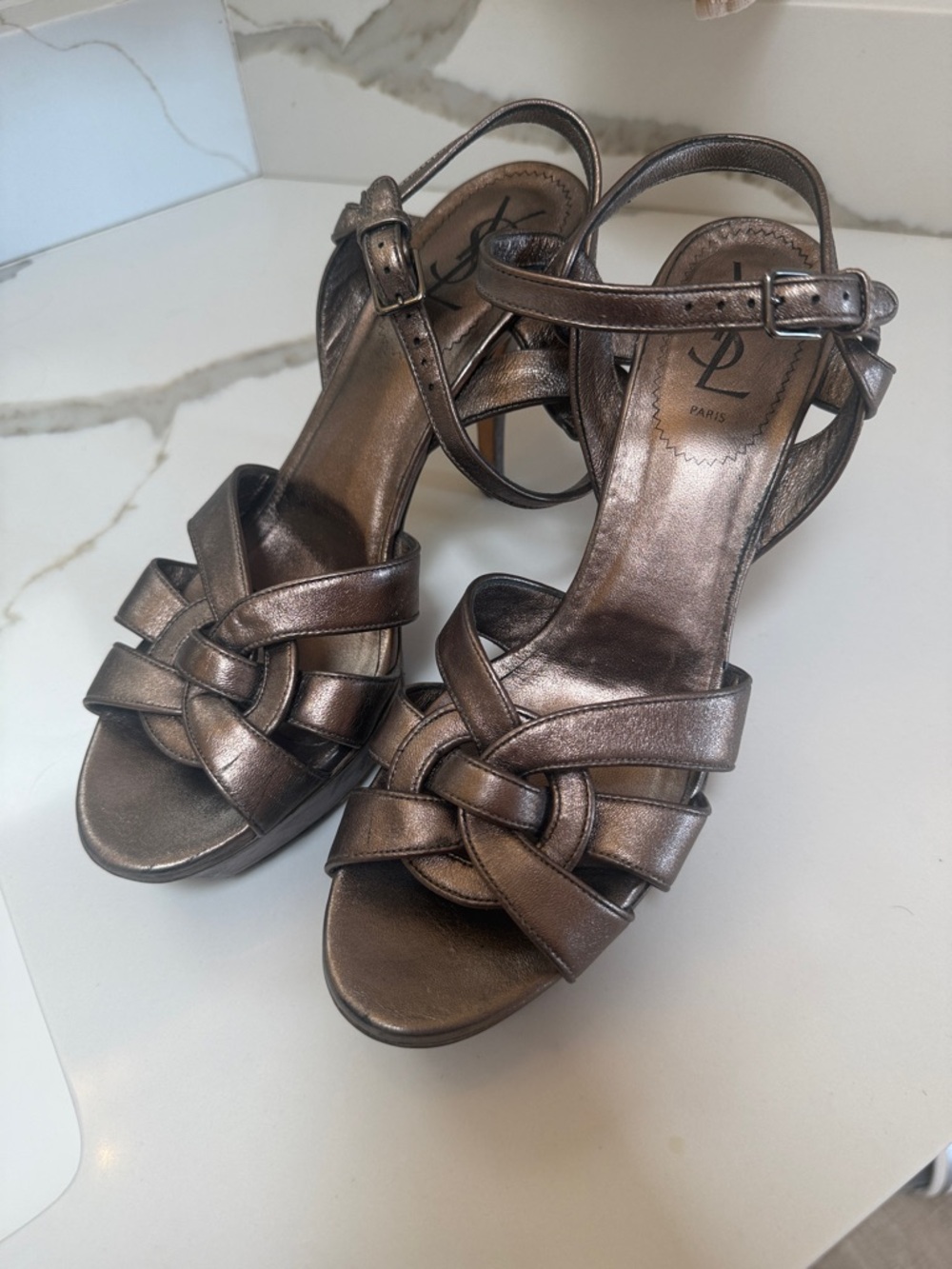 Saint Laurent Tribute- Bronze Metallic Leather Knot Heeled Sandals